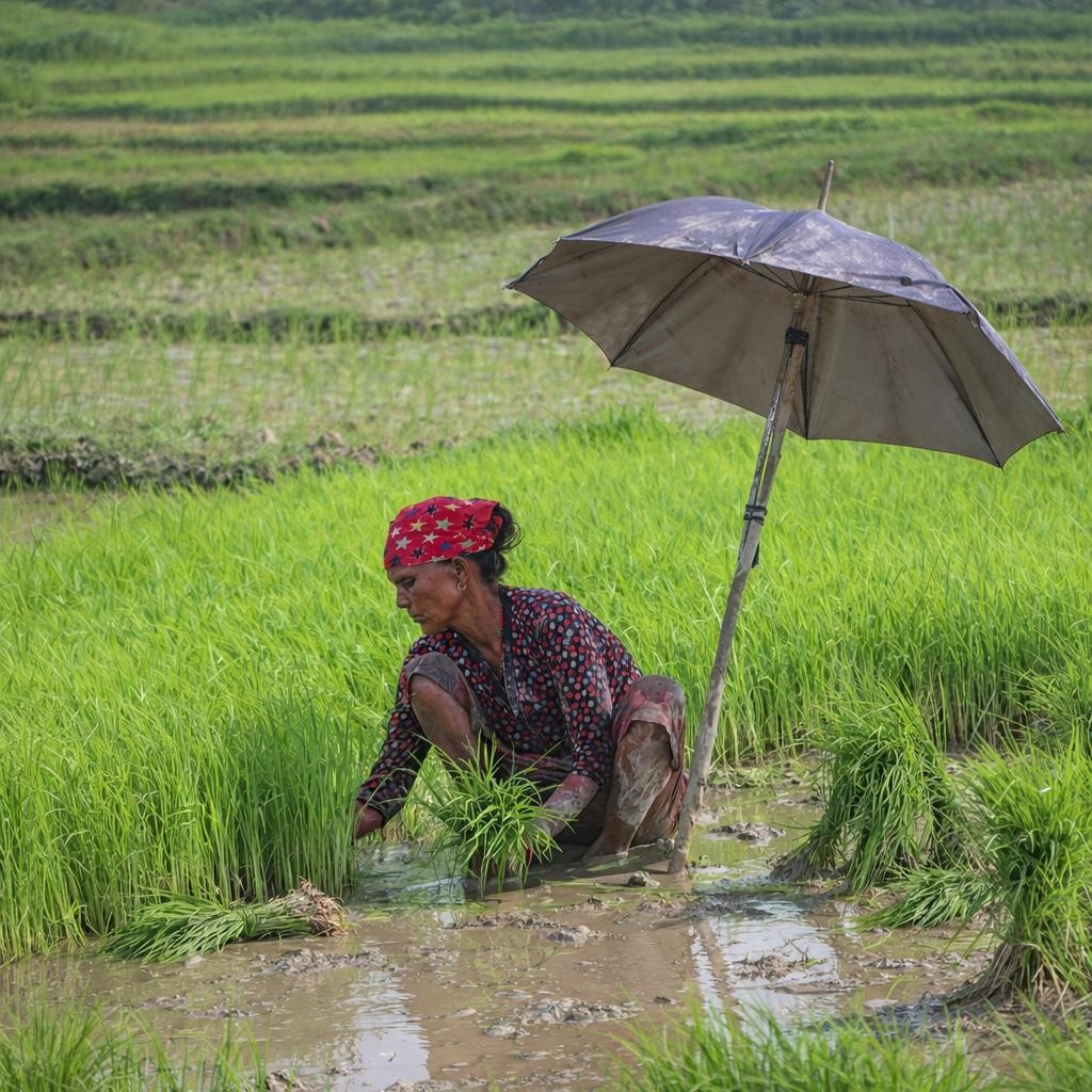 Agricultural field with fertilizer sacks in Nepal.